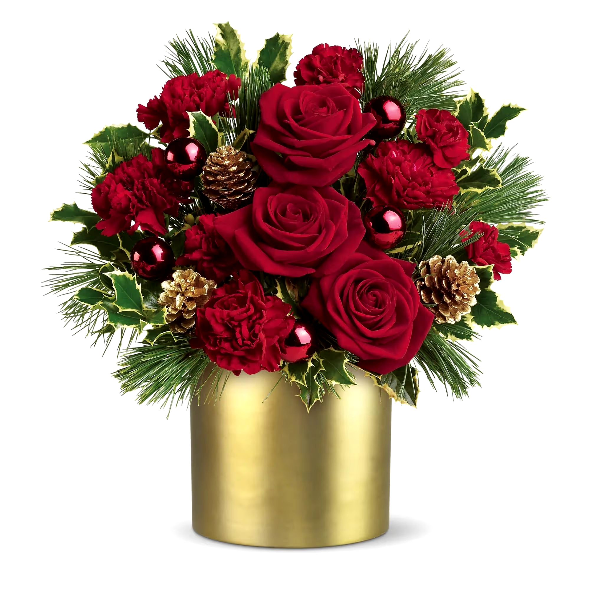 Arreglo Floral Navideño de Rosas Rojas y Piñas Doradas