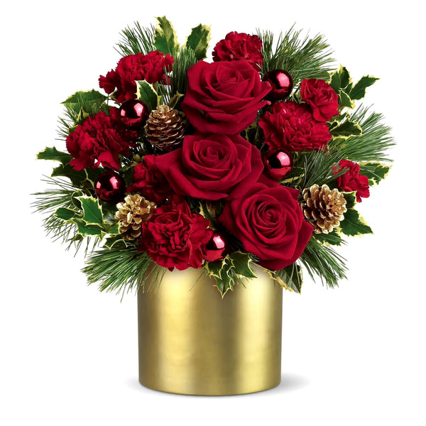 Arreglo Floral Navideño de Rosas Rojas y Piñas Doradas