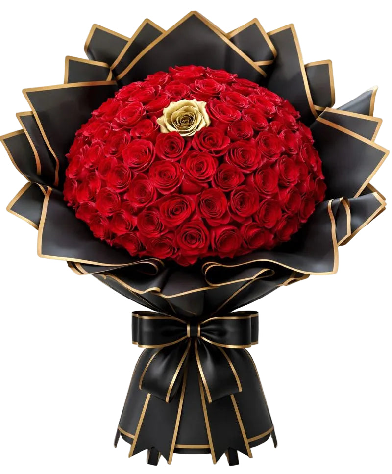 Bouquet of red roses wrapped in black paper with a gold bow on a white background