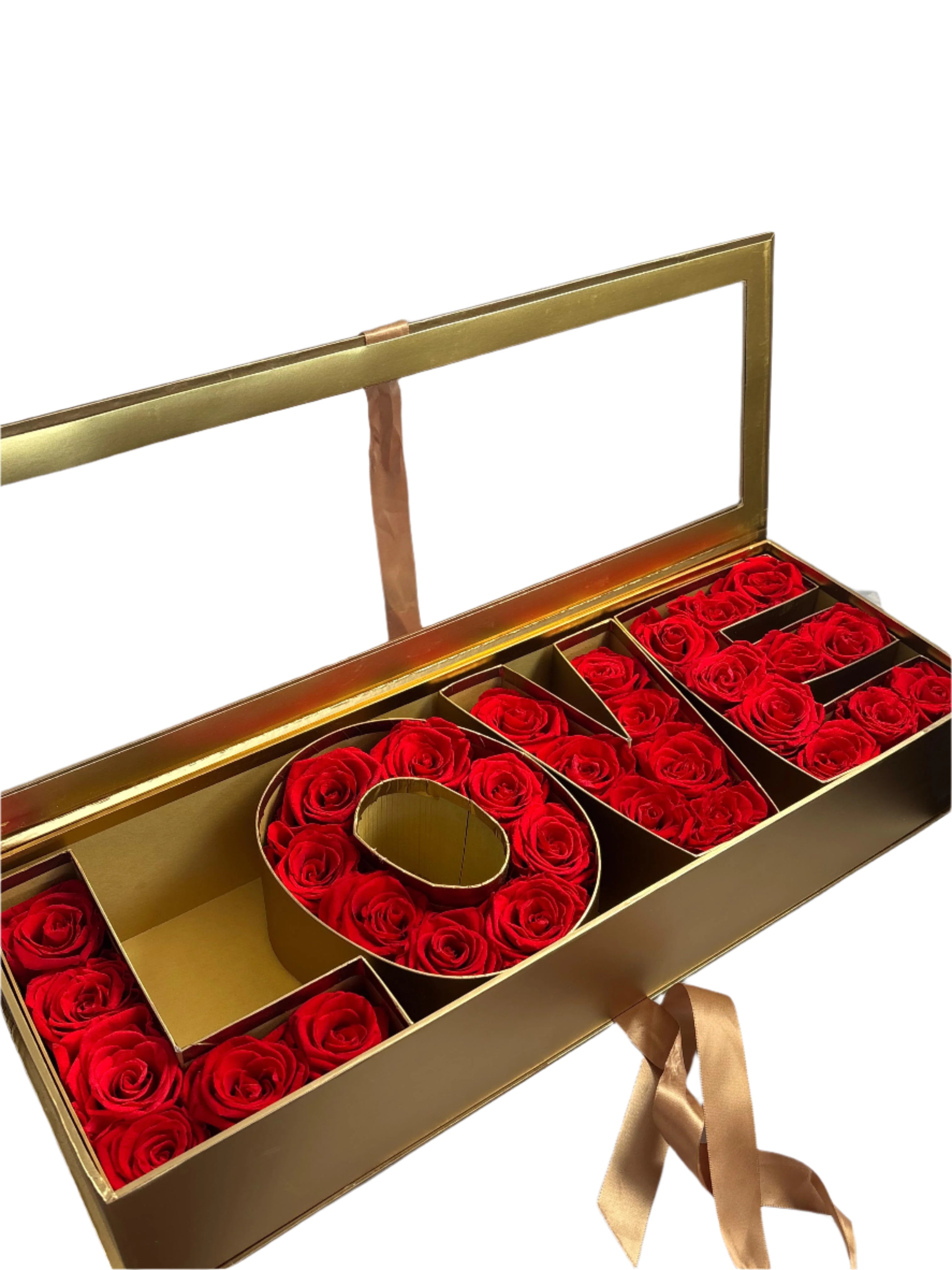 Golden LOVE Box with Preserved Roses – Luxury Gift