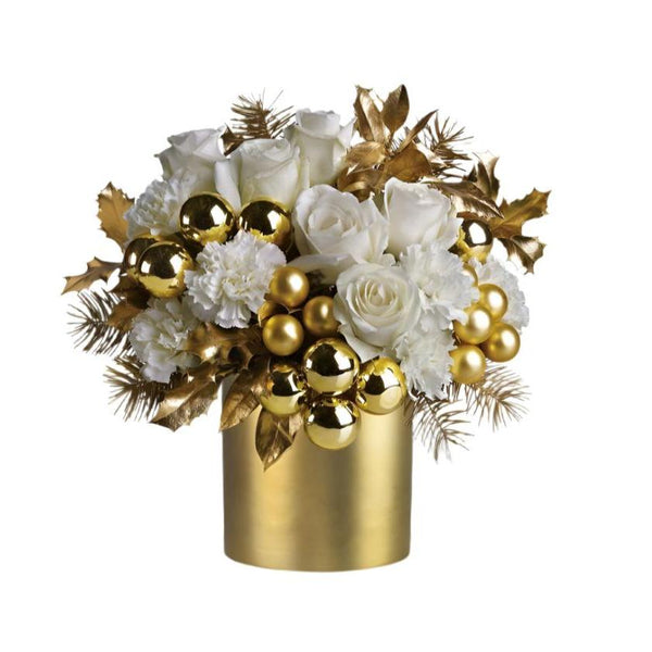 Golden Christmas Glow Christmas centerpiece with white roses, carnations, gold ornaments and metallic foliage in a gold vase