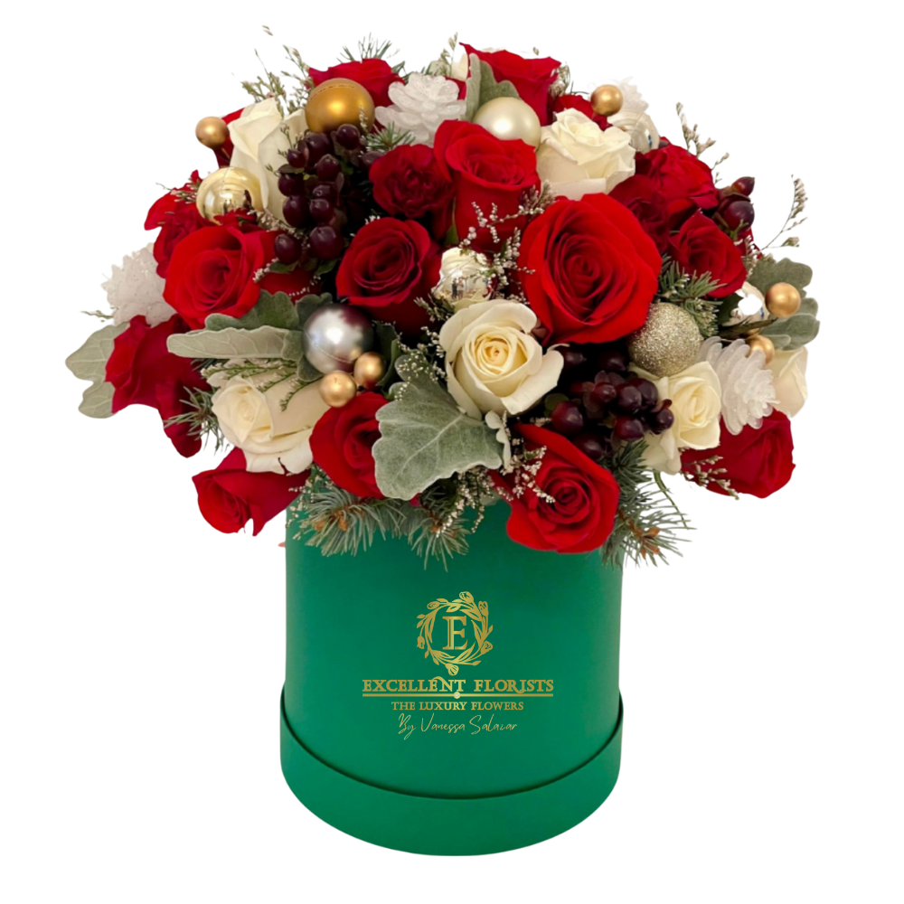 Holiday Harmony Rose Box with red and white roses in a luxury green box with festive holiday details