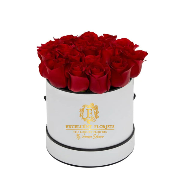 Two dozen premium red roses arranged in a luxury round box, elegant red rose box by Excellent Florists