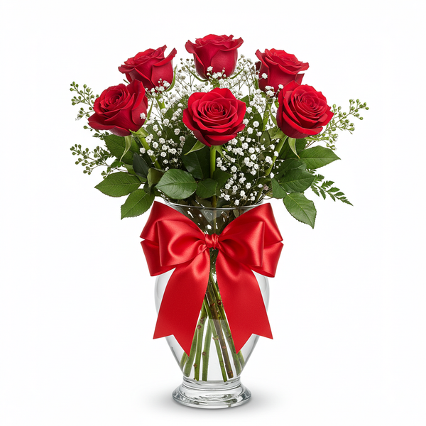 Classic red roses arranged in a glass vase with fresh greenery