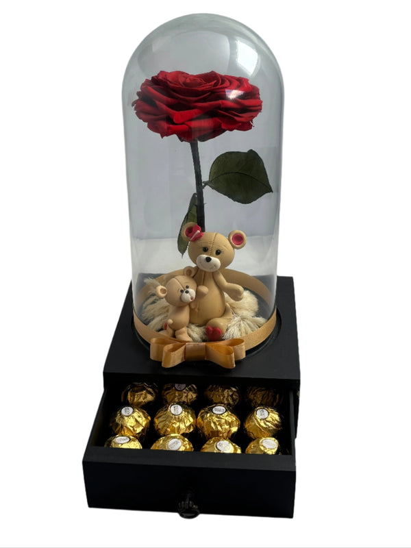 Enchanted Rose in Glass Dome with Chocolate Drawer – Special Edition