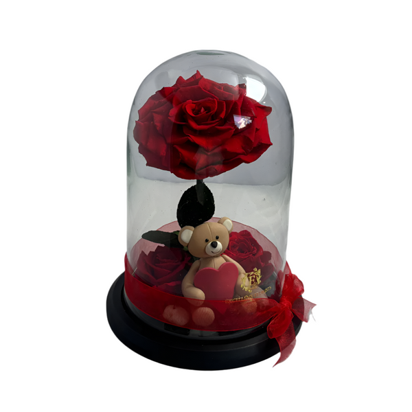 Floating Rose in Glass Dome with Teddy – Eternal Love