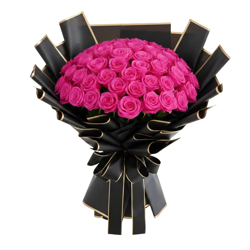 Bouquet of hot pink roses wrapped in black paper with gold accents on a white background