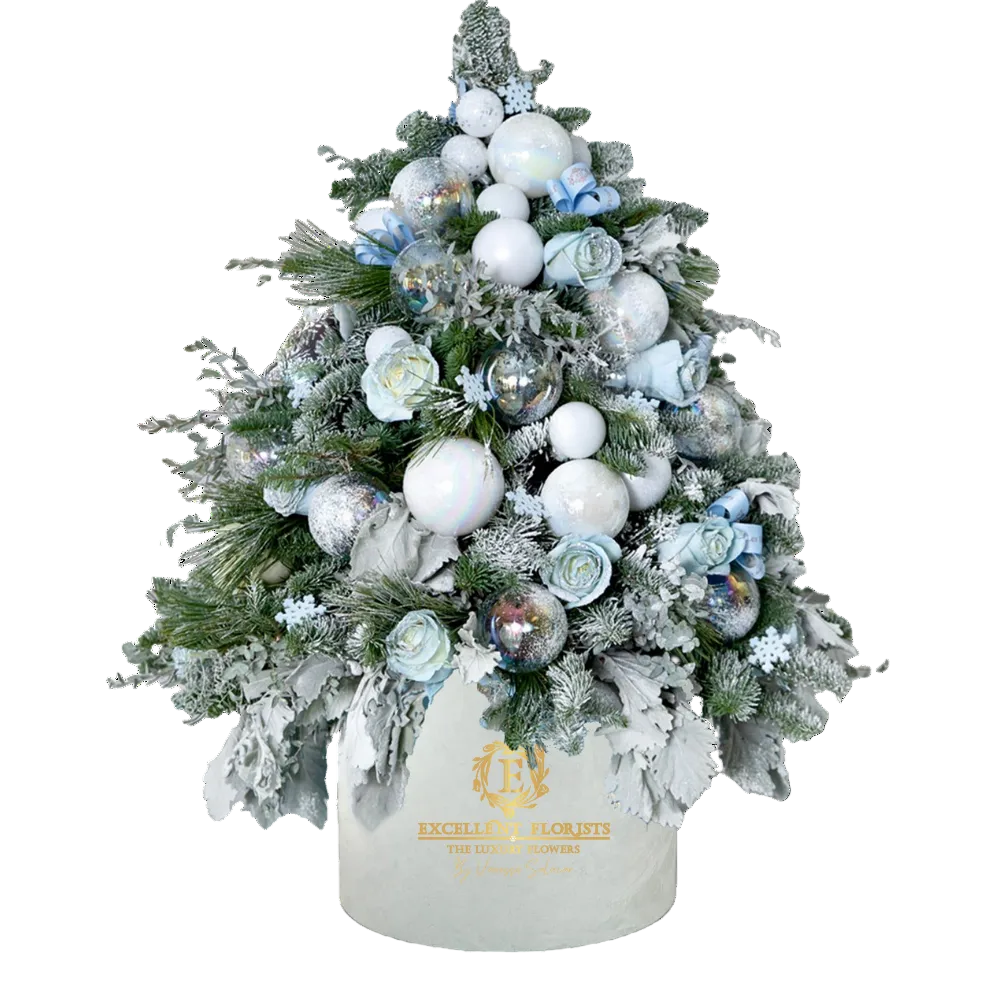 Winter Frost Rose Tree luxury floral Christmas tree with preserved blue roses, silver ornaments and winter foliage
