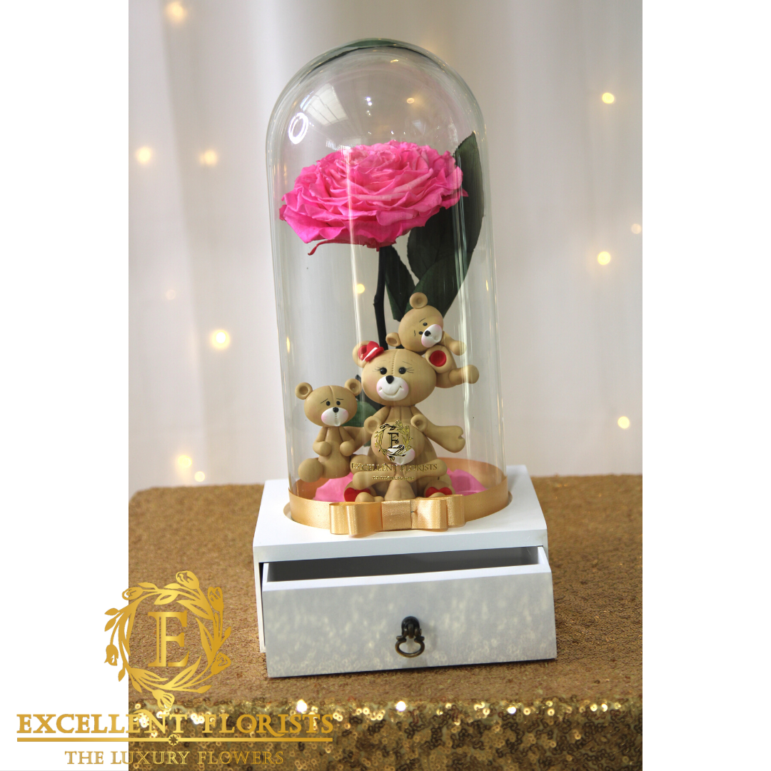 Jumbo Preserved Rose in a Dome w/ Chocolate Compartment and Figurines