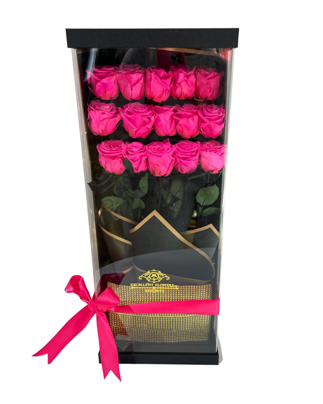 20 Luxury Long- Pink Stem Preserved Roses in Fancy Acrylic Box