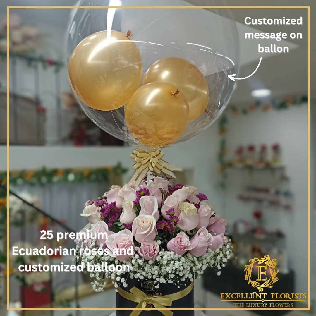 25 Roses with a customized balloon - Pink and Greenery