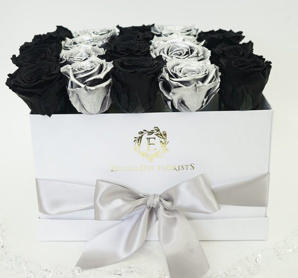 Medium Square Black and Silver Preserved Roses - Excellent Florists 