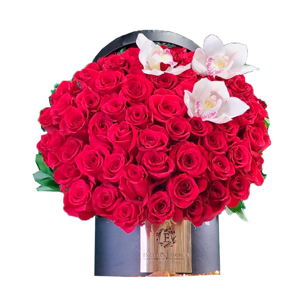 50 red roses and 3 orchids in luxury box