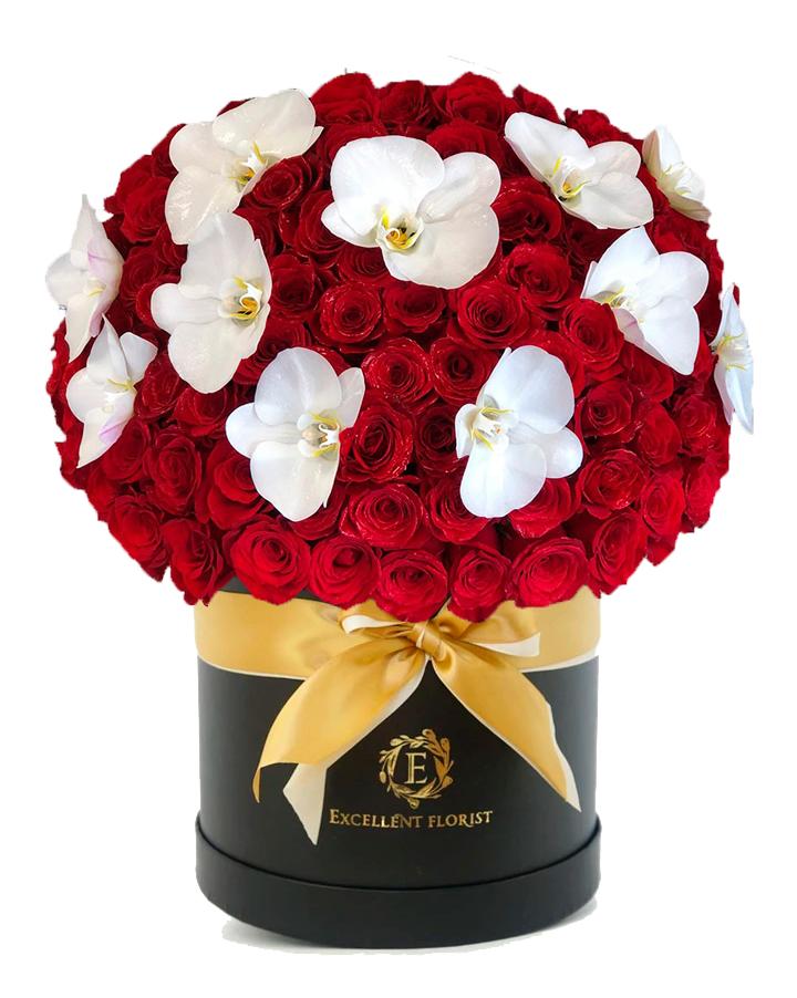 50 roses and orchids in a fancy luxury box