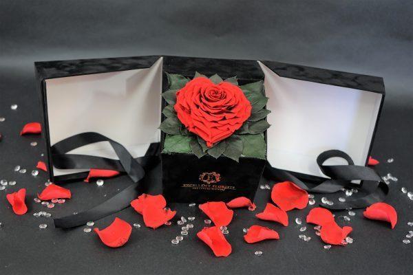Open my heart | Black box | Red Heart-Shaped Preserved Rose - Excellent Florists 