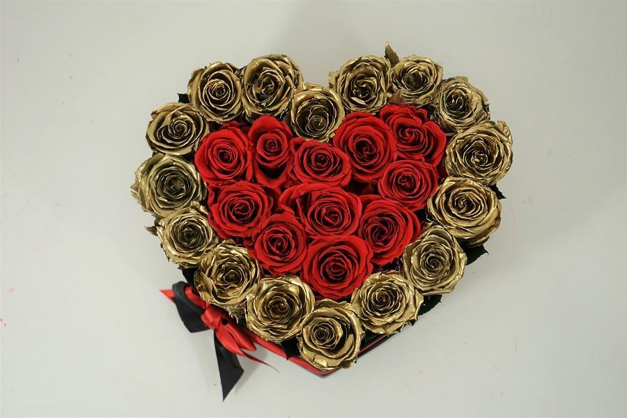Heart Box Gold & Red Preserved Roses Excellent Florists Excellent Flowers Eternity 