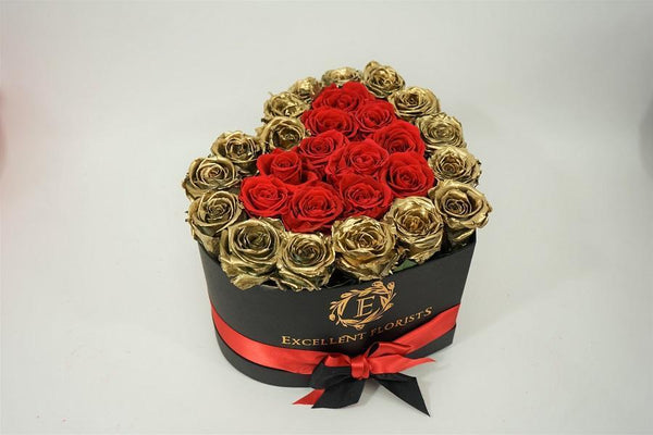 Heart Box Gold & Red Excellent Flowers Eternity Excellent Florists roses red