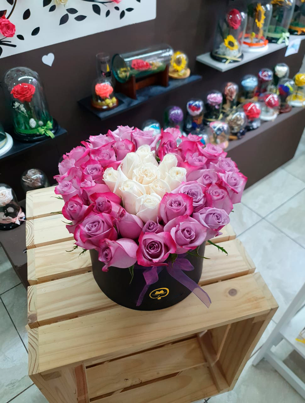 Two Dozen Roses in a Round Box - Lavender and White