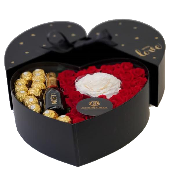 Heart Preserved Roses and Champagne bottle in a Box
