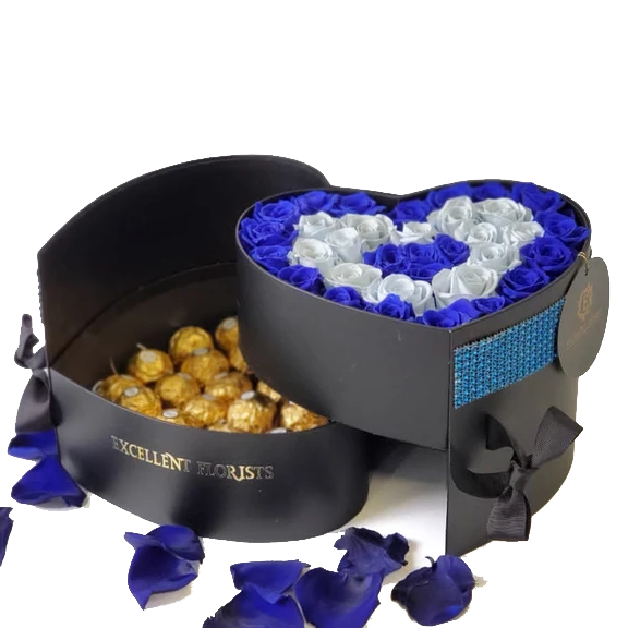 Heart Preserved  Bicolor Blue Roses with chocolates in a Two Levels Box