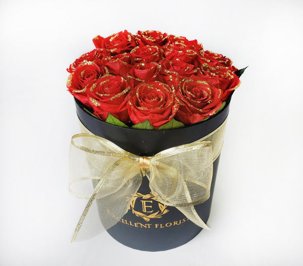 Christmas 16 Glaced Red Preserved Roses in a Round box