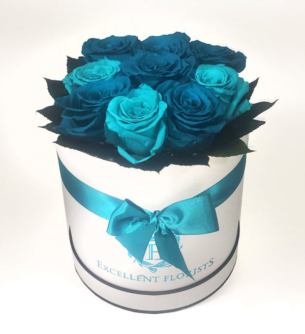 Turquoise 9 Large Preserved Roses in a Round box