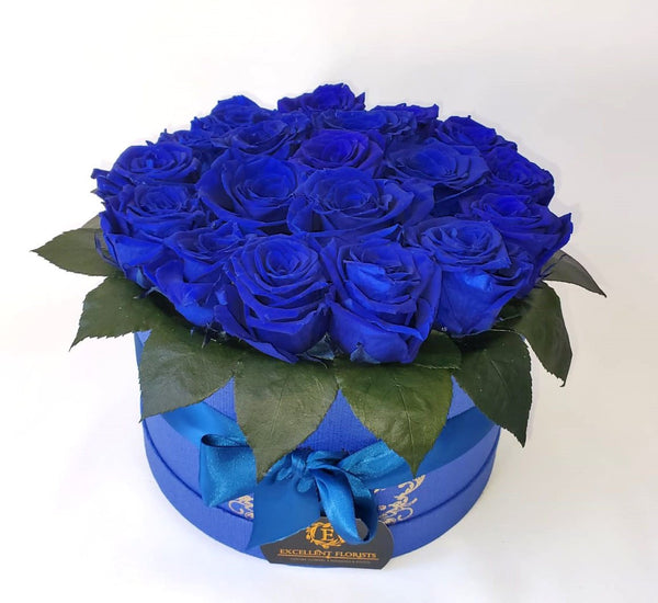 Royal Blue Preserved Roses Medium round box