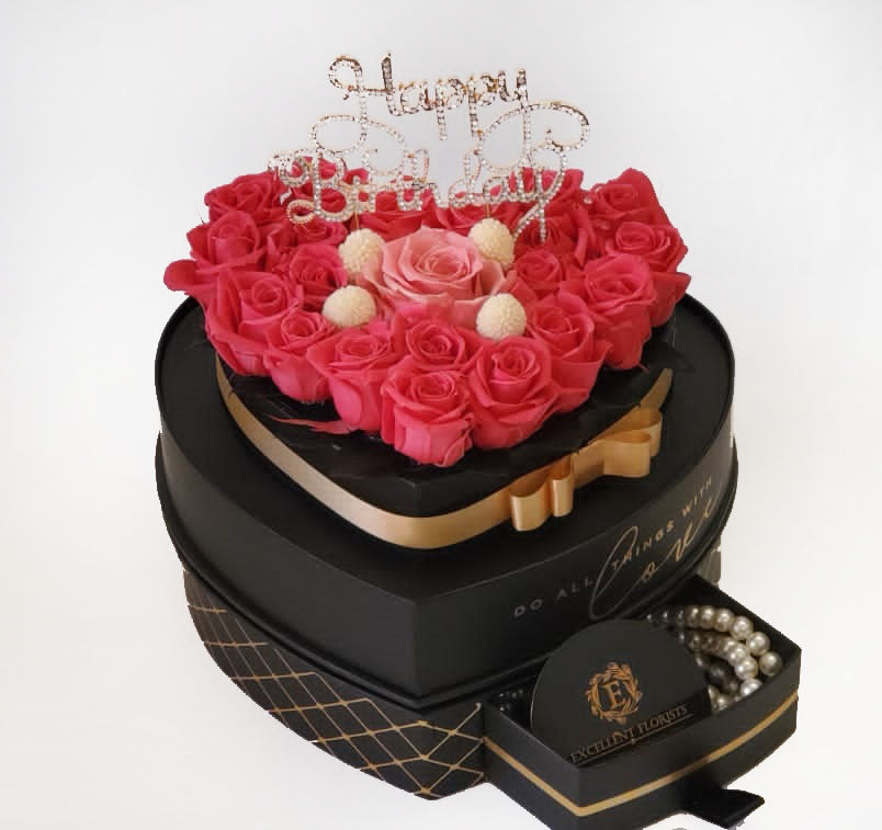 Heart Jewelry Box  Mix Color Preserved roses (Happy Birthday)