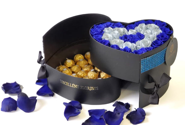 Heart Preserved  Bicolor Blue Roses with chocolates in a Two Levels Box