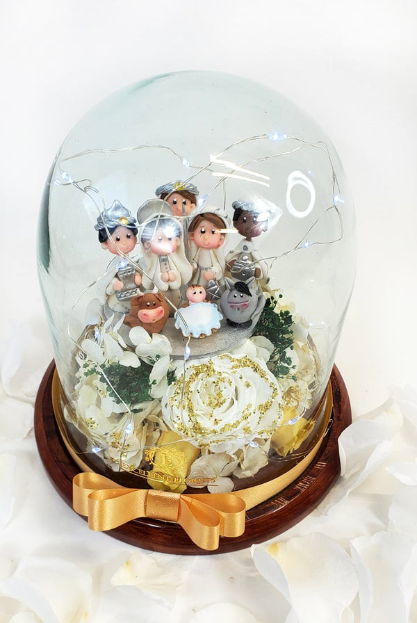 Nativity and Glitter Rose in a Glass Dome
