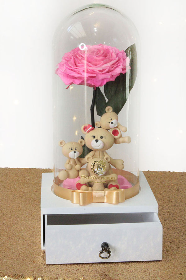 Preserved Pink Rose in a Glass Dome with Chocolate Box Compartment