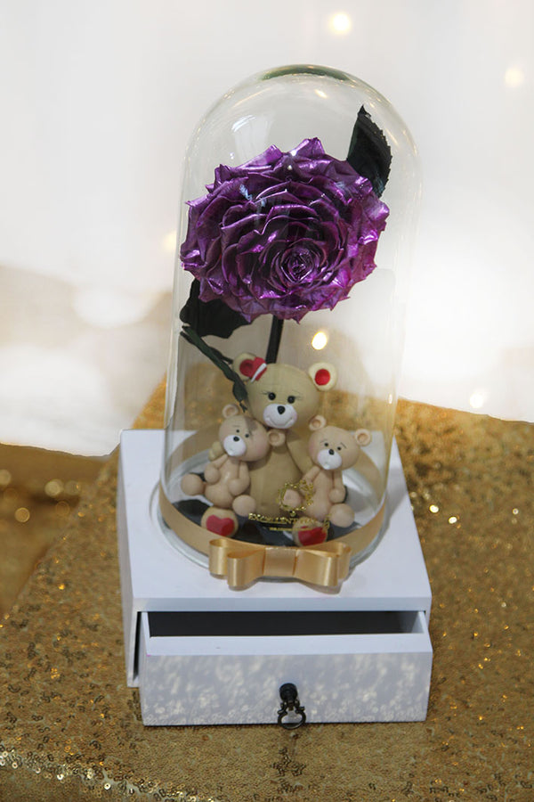 Preserved Purple Rose in a Glass Dome with Chocolate Box Compartment