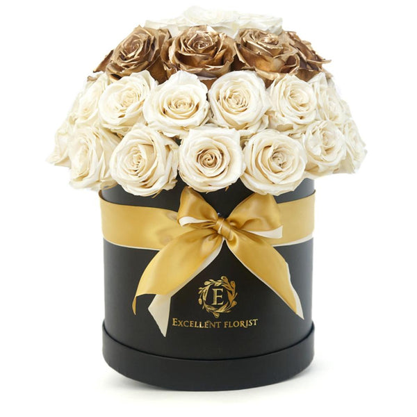 Mega Deluxe Gold 7 Pearl Preserved Roses - Excellent Florists 