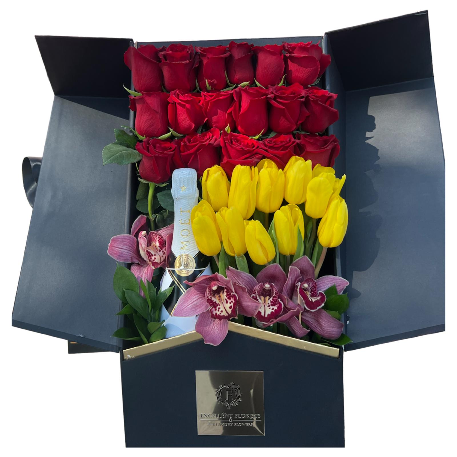 Orchids & Tulips with fresh roses in a fancy luxury box
