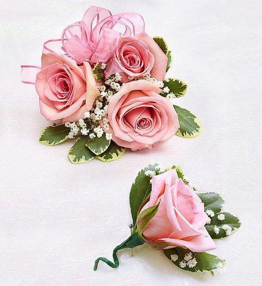 Pink  Rose Corsage & Boutonniere Set - Excellent Florists 