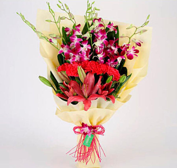 Pink and Purple Flowers Bouquet with Greenery * Vase not included