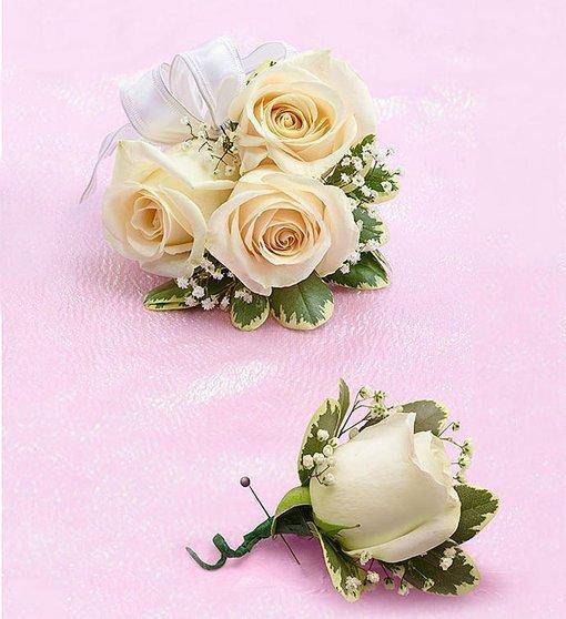 White   Rose Corsage & Boutonniere Set - Excellent Florists 