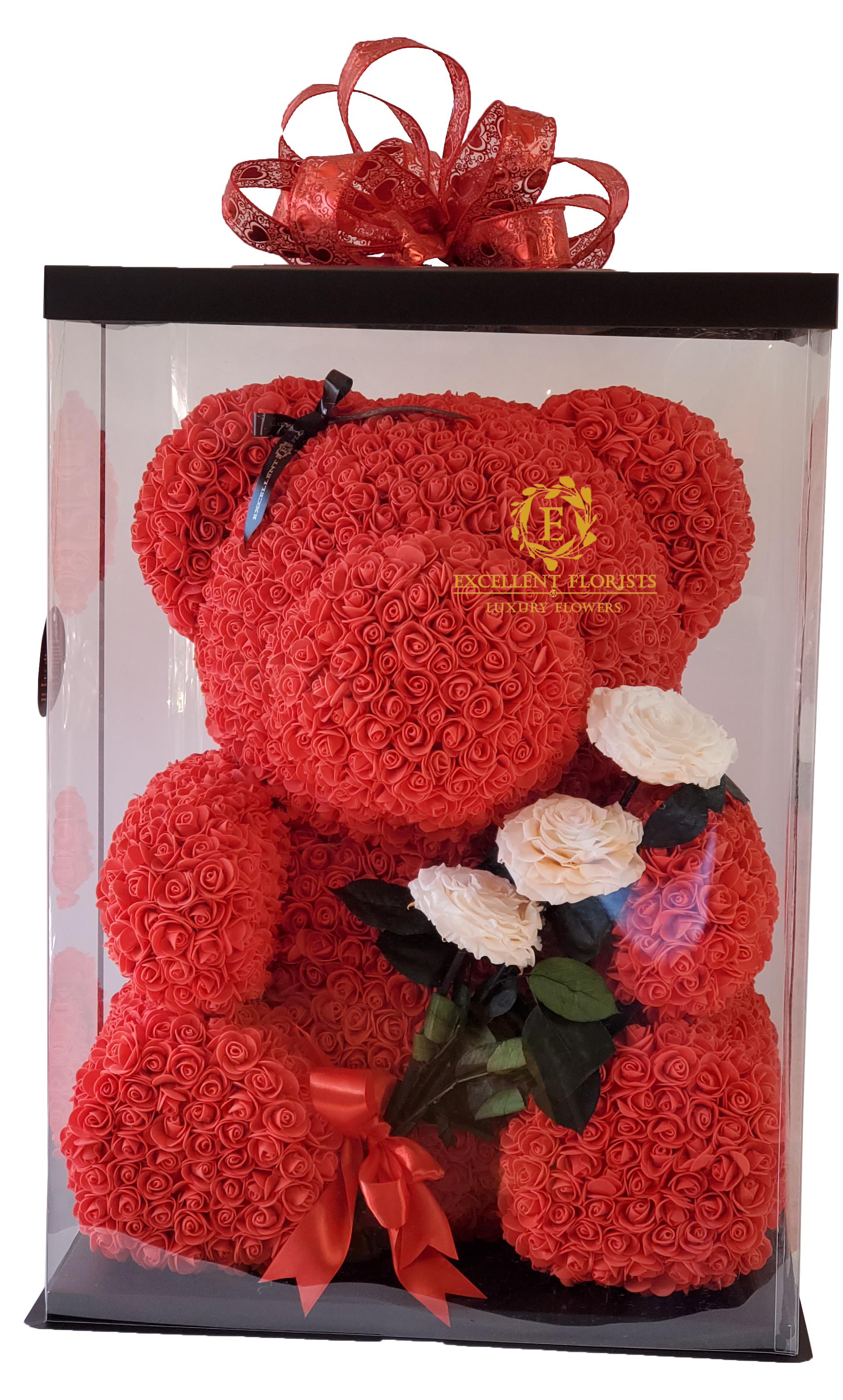 Teddy Bear 70 cm with White Preserved Rose Bouquet
