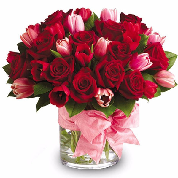 Red Rose and Tulip Arrangement - Excellent Florists 