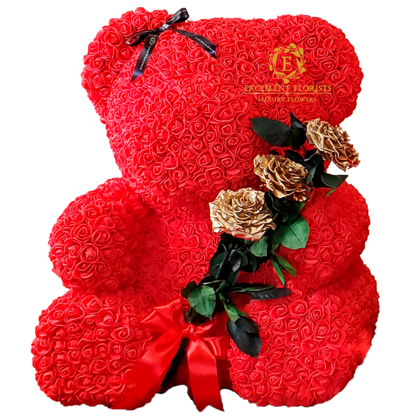 Teddy Bear 70 cm with Golden Preserved Rose Bouquet