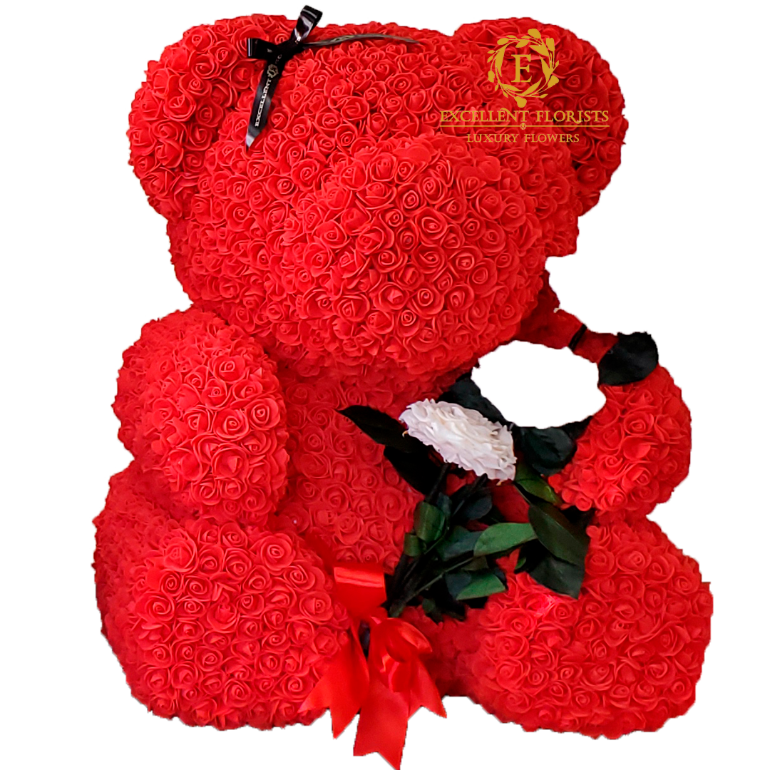 Teddy Bear 70 cm with White Preserved Rose Bouquet