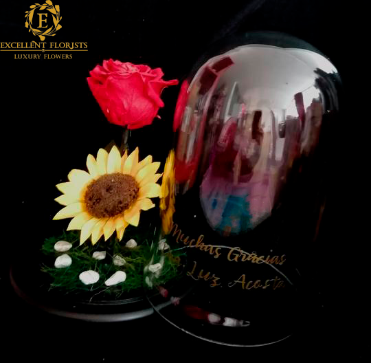Glass Dome with Preserved Rose and Sunflower
