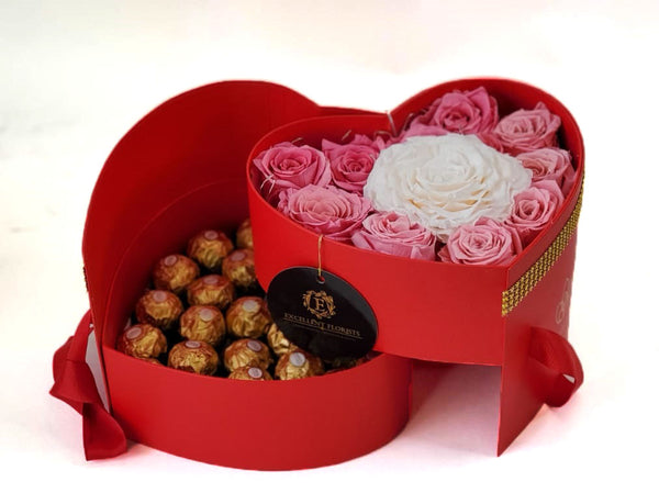 Heart Preserved Jumbo and Mini Roses 2 with chocolates in a Two Levels Box