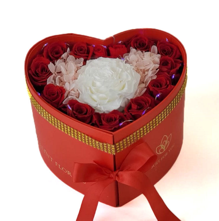 Heart Preserved Jumbo and Mini Roses with chocolates in a Two Levels Box