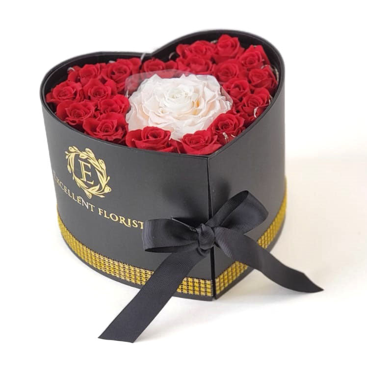 Heart Preserved Jumbo and Mini Roses 3 with chocolates in a Two Levels Box
