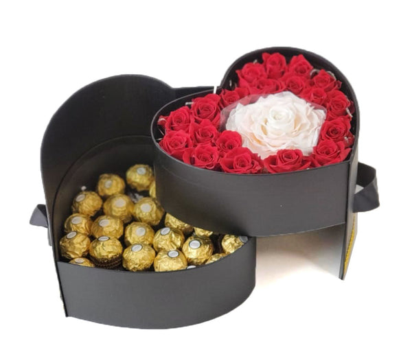 Heart Preserved Jumbo and Mini Roses 3 with chocolates in a Two Levels Box