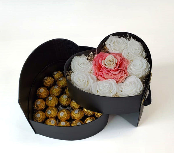 Heart Preserved Jumbo and Mini Roses 4 with chocolates in a Two Levels Box