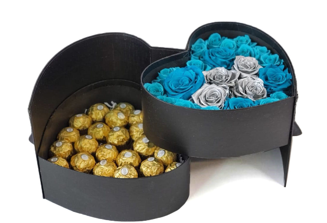 Heart Preserved Jumbo and Mini Roses 5 with chocolates in a Two Levels Box