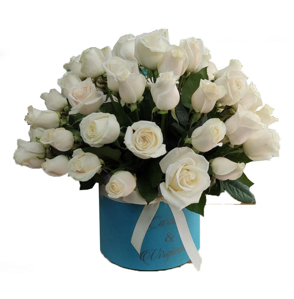 50 roses in a round box - White