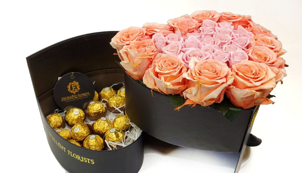 Heart Preserved  Bicolor Pink Coral Roses with chocolates in a Two Levels Box